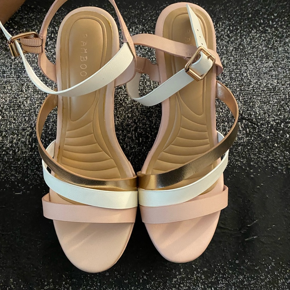 Pink, gold, and white wedge sandal